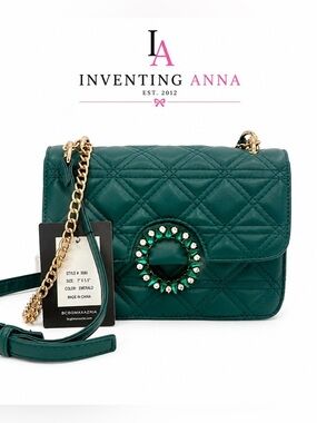 Imoshion Emerald Quilted Crossbody Bag Gold Chain Rhinestone Closure